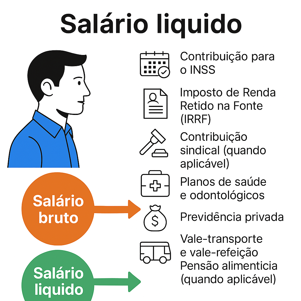 Ilustração mostrando a diferença entre salário bruto e líquido